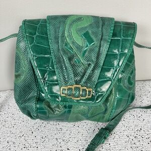 Vintage 80s 90s Sharif Emerald Green Reptile Leather Crossbody Purse Handbag